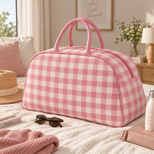 bolso fin de semana rosa vichy ideal viaje en uso