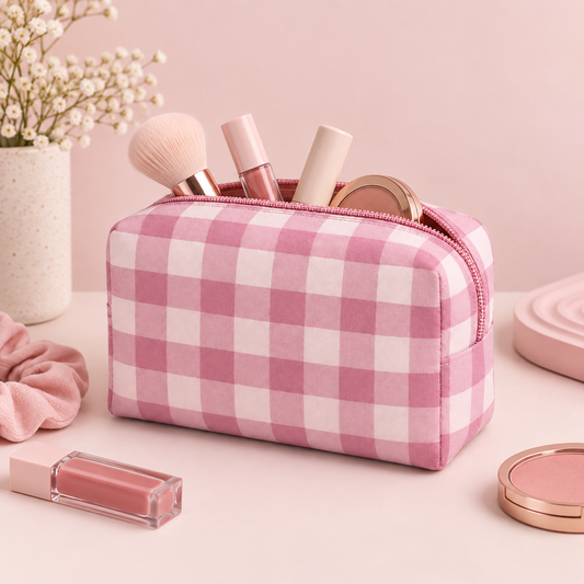 Neceser vichy rosa y blanco para maquillaje y cosméticos, ideal para organizar productos de belleza y llevar de viaje.