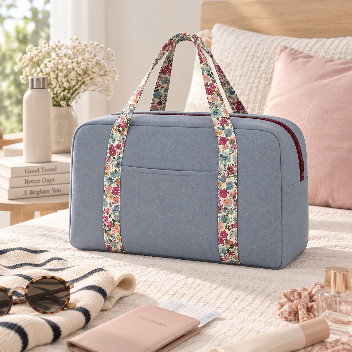 Bolso con bolsillo y asa de flores. Color gris.