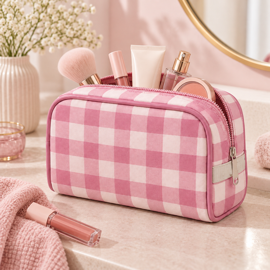 Neceser vichy rosa y blanco en uso con productos de maquillaje y cosméticos, ideal para organizar accesorios de belleza