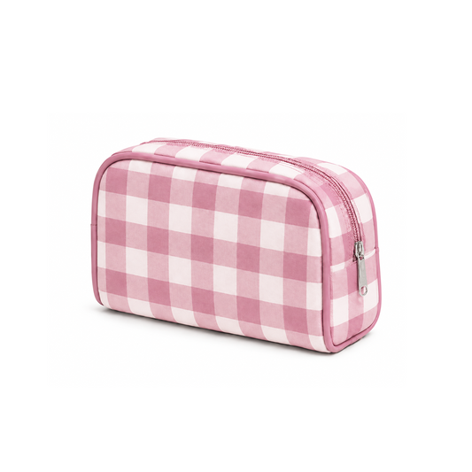 Neceser de maquillaje vichy rosa y blanco con cremallera rosa, ideal para cosméticos y viaje