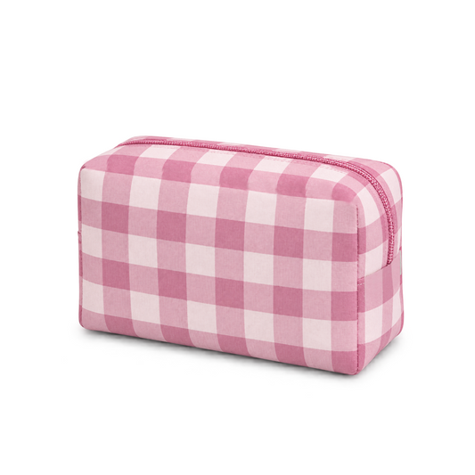 Neceser vichy rosa y blanco para mujer con cremallera rosa, ideal para maquillaje, cosméticos y viaje.
